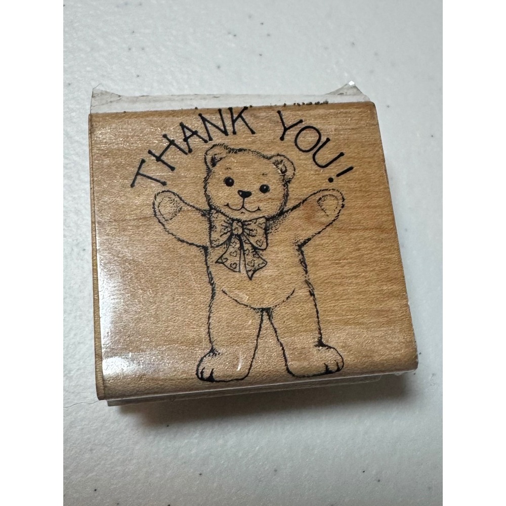 Vintage 1987 Hero Arts Rubber Stamp Thank You Teddy Bear Wood Mounted Crafting